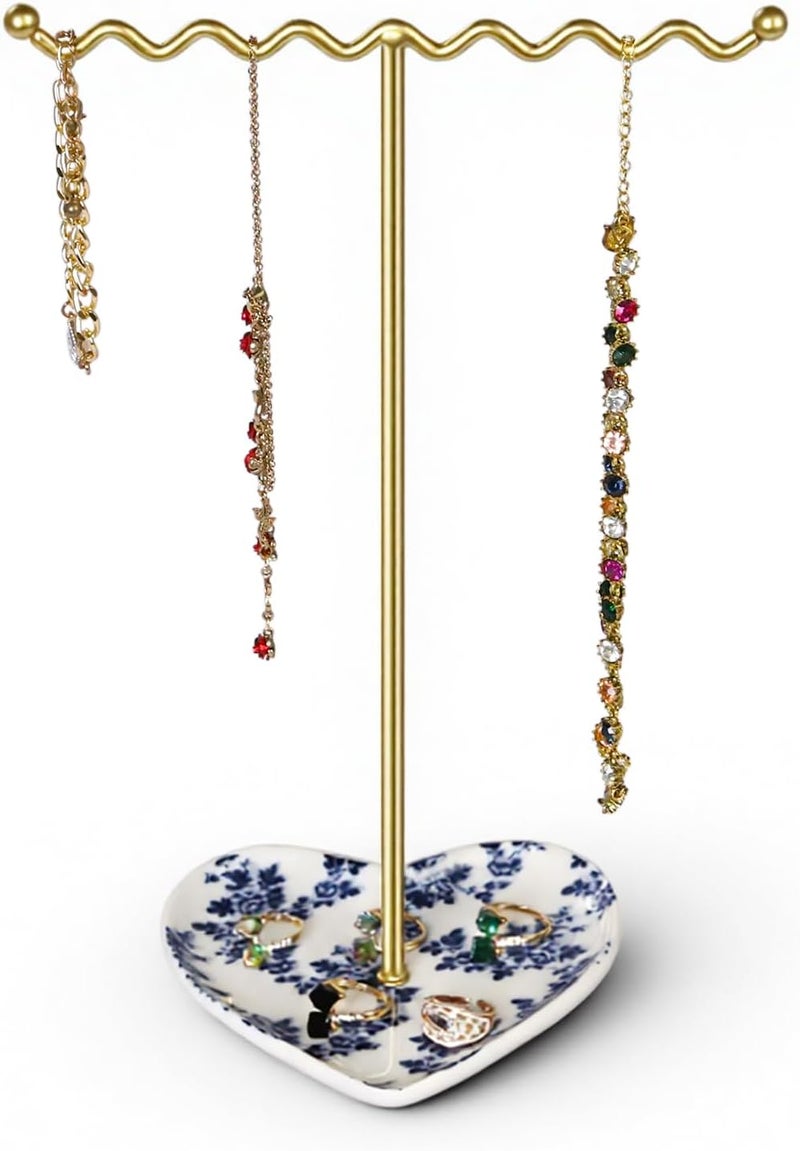 Saydear Elegant Jewelry Holder Tree Stand with Ceramic Tray - Metal Necklace Holder Organizer for Rings Bracelets Earrings - Tangle Free, Rustproof Decorative Display for Vanity Dresser Blue and White - Image 1